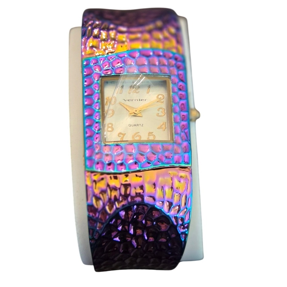 Vernier Cuff Bangle Watch Womens OS Iridescent New Oil Silk Textured Metallic